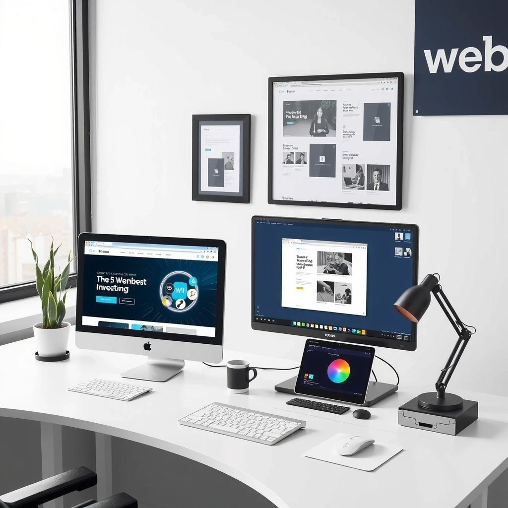 Modern web design workspace showing designers creating responsive websites