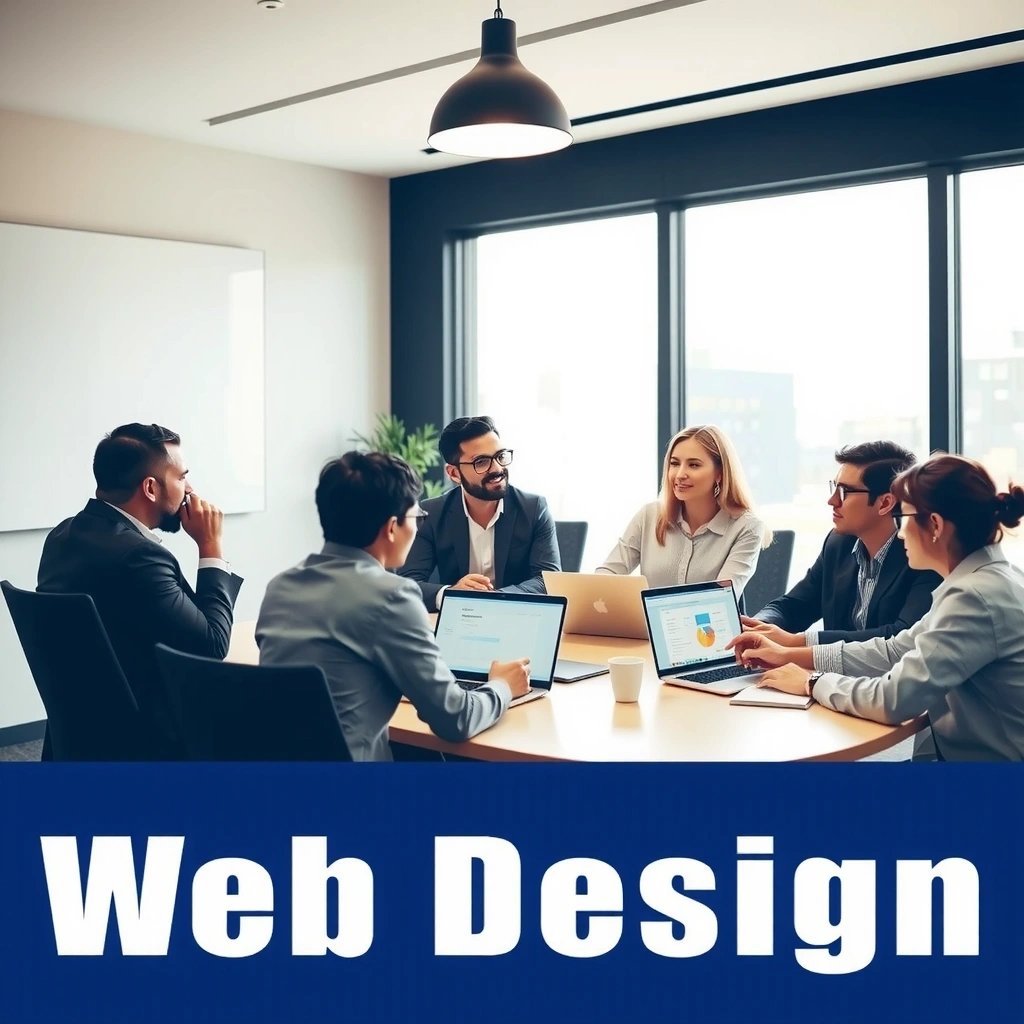 Professional web design consultation meeting with team discussing project requirements